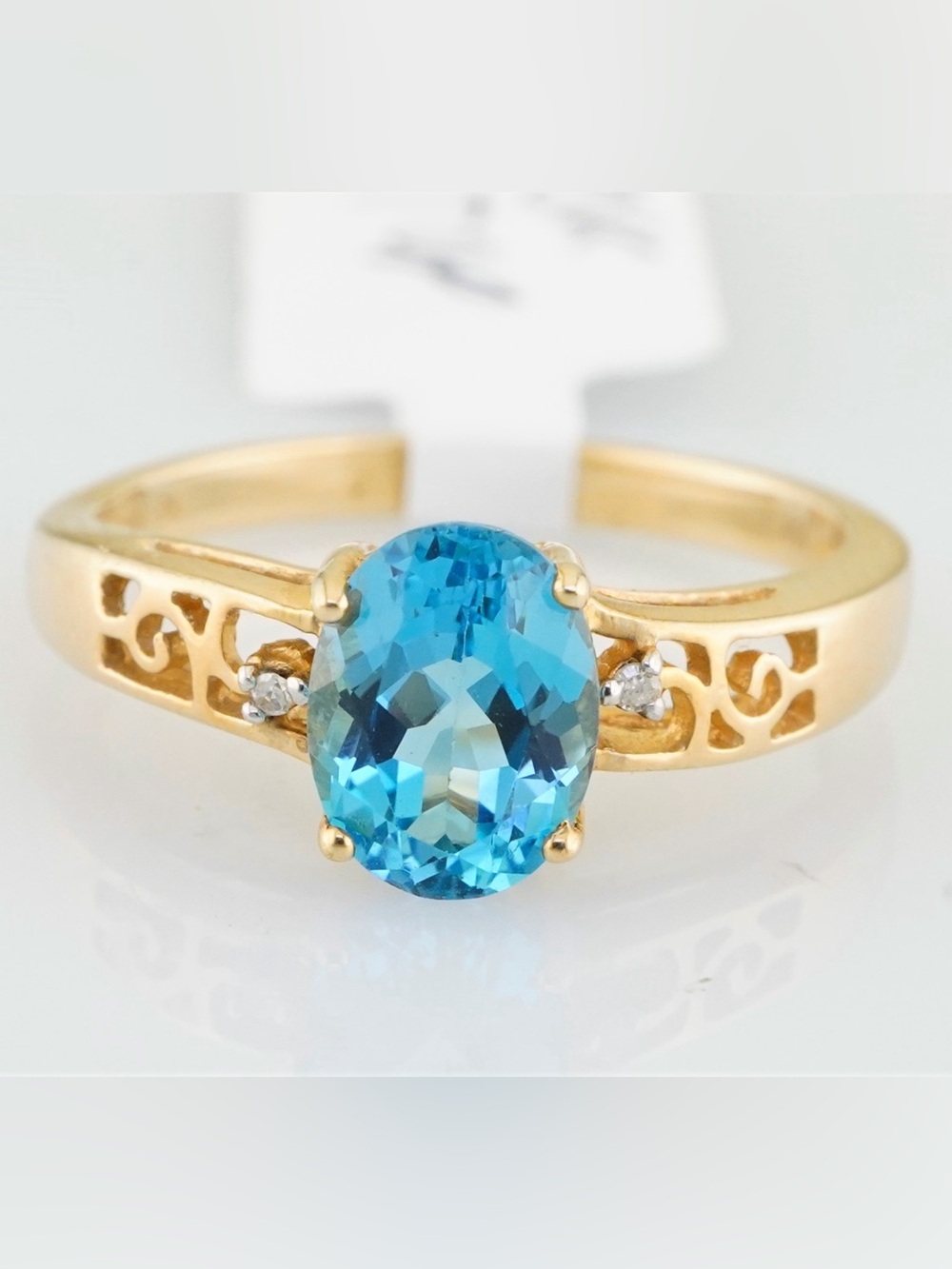 Solid 10k yellow gold natural blue topaz and diamond filigree ring
